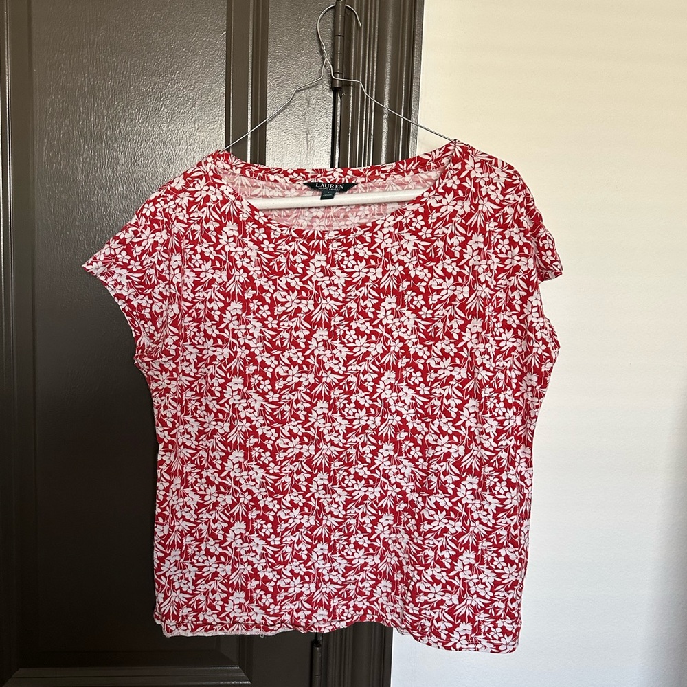 Lauren Ralph Lauren Red Floral Print Top — Cap Sleeves, Size L